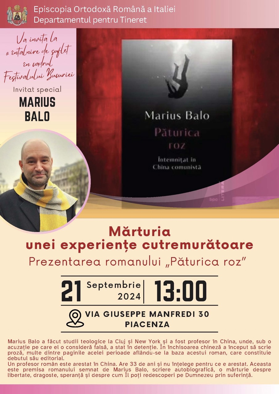 Conferință Marius Balo Păturica roz Piacenza Festivalul Bucuriei 21 septembrie 2024 dimensioni grandi